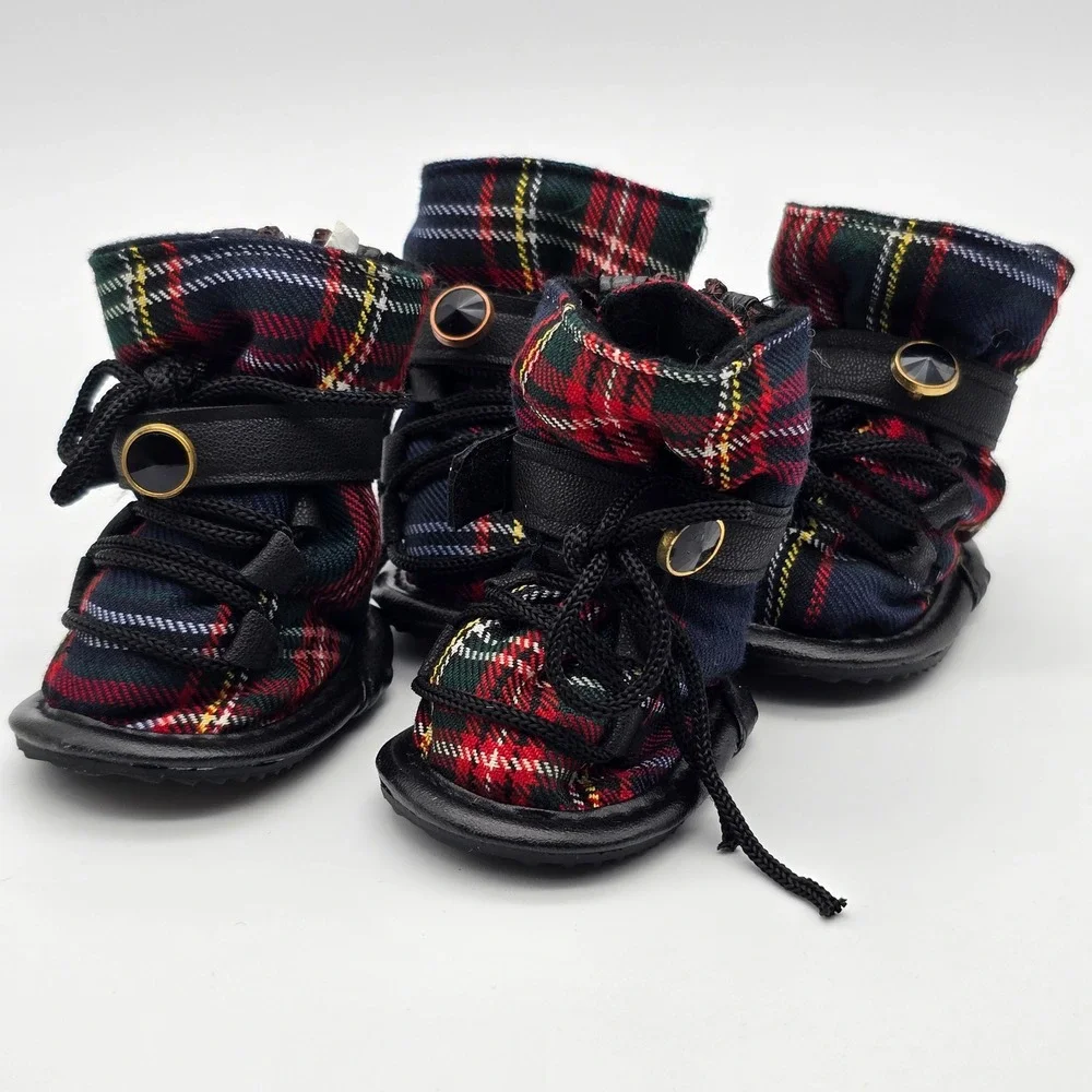 Plaid Dog Boots Small Red Green Tartan Zipper Adjustable Strap Set of 4